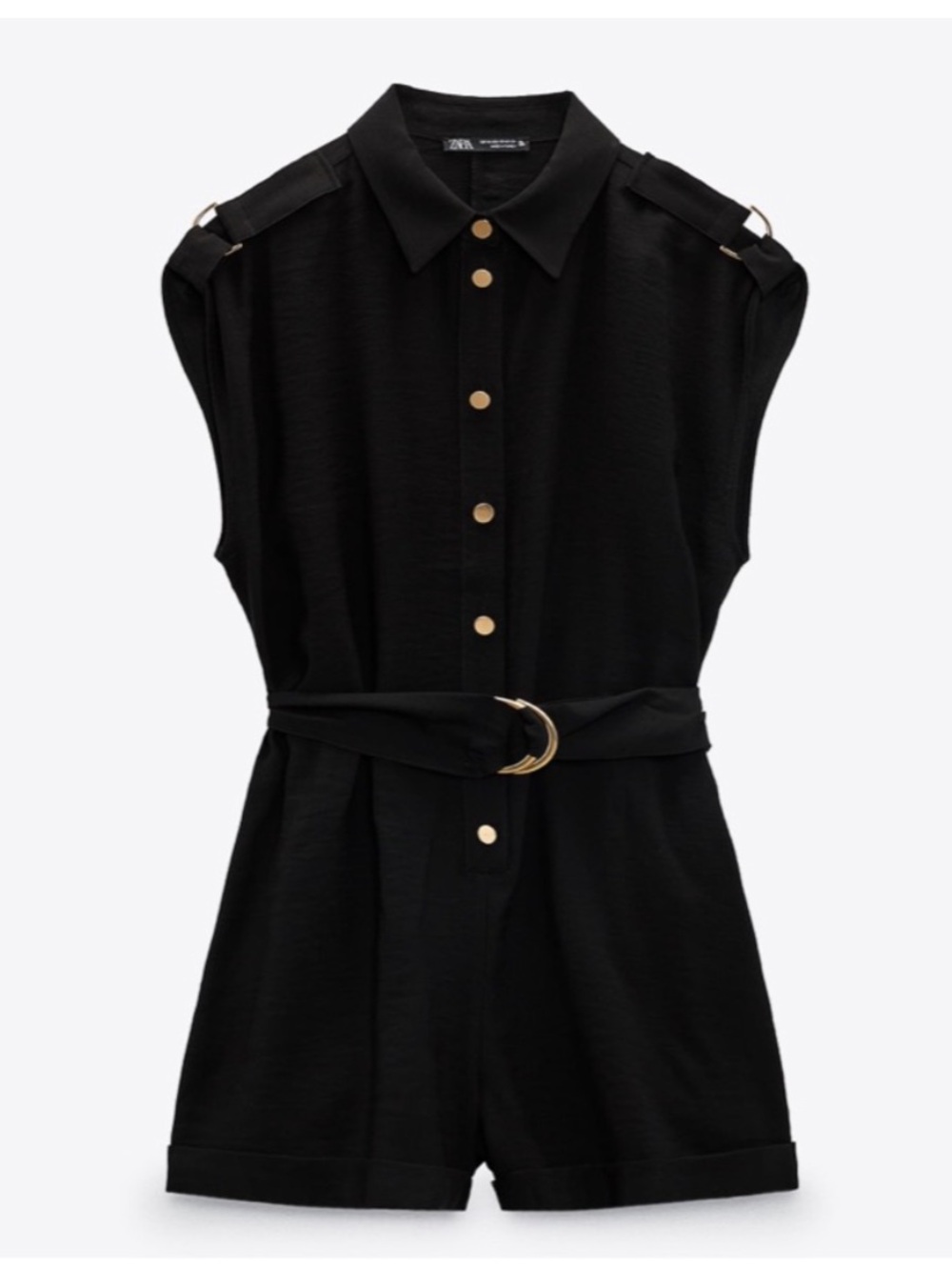 Zara Black Utility Romper Sleeveless Gold Button Belted Jumpsuit M Minimalist